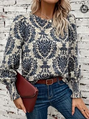 Shein Patterned Long-Sleeve Blouse in Navy and Cream